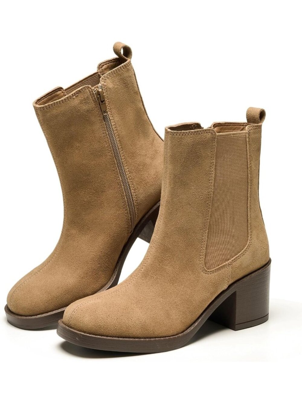 Project Cloud Women's Camel Suede 100% Genuine Leather Heeled Chelsea Boots